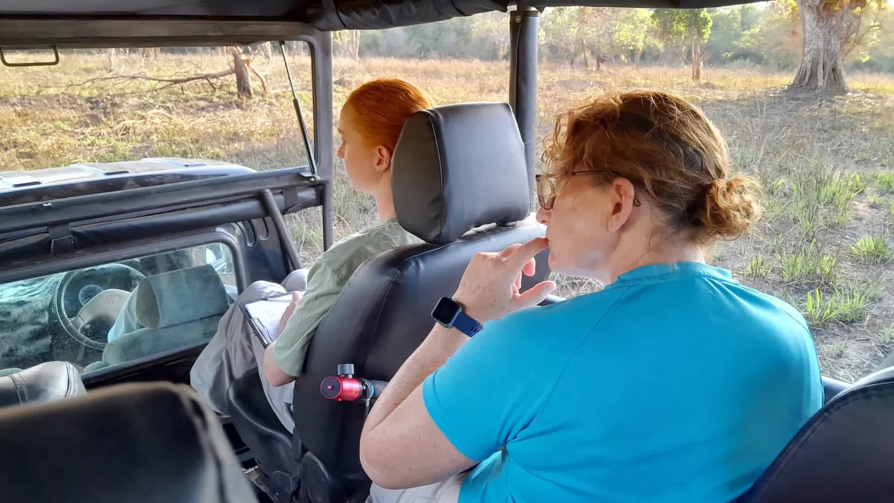 Two volunteers watching the grassland from an open safari jeep during a survey